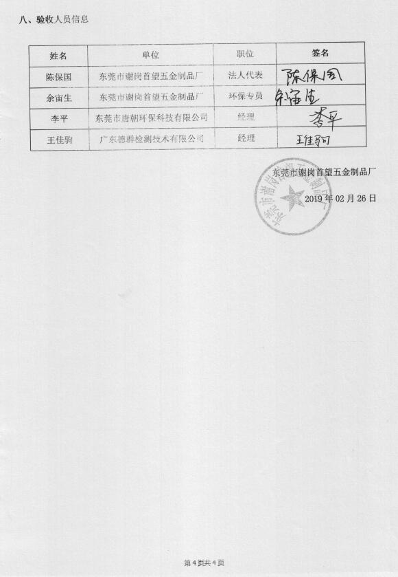 东莞市谢岗首望五金制品厂(新建)项目自主验收公示