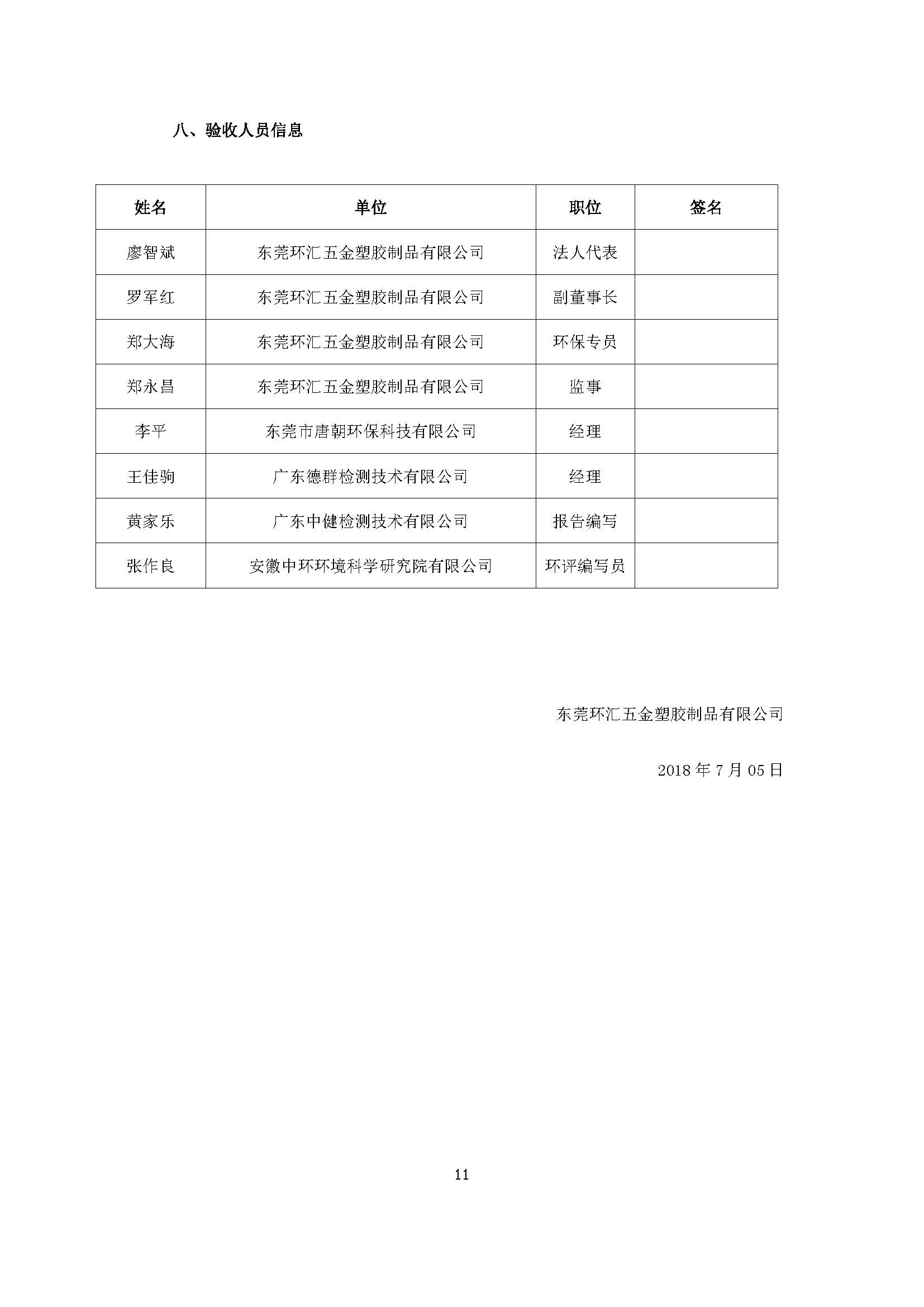 东莞环汇五金塑胶制品有限公司自主验收公示
